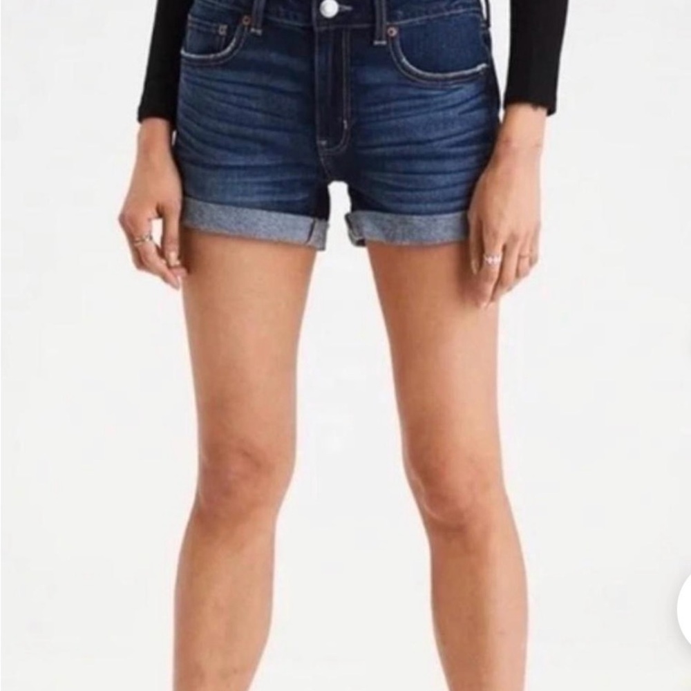 American Eagle Next Level Stretch Midi High-Rise Denim Shorts in Dark Blue